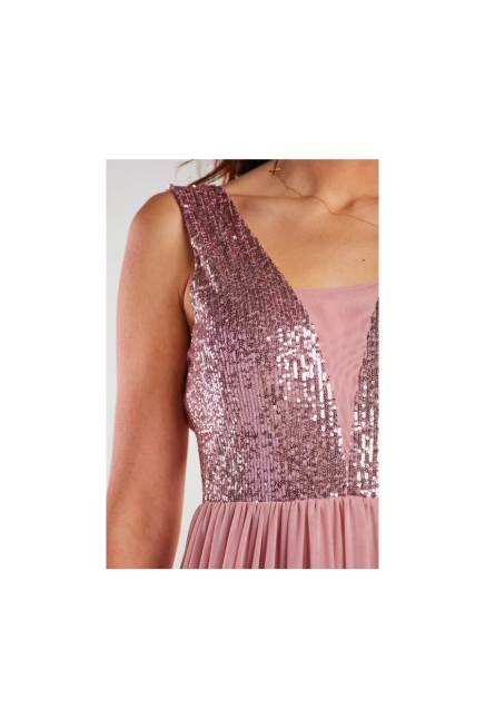 Długa sukienka na wesele z rozcięciem różowa z cekinami