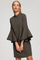 Elegancka sukienka trapezowa z bufiastymi rękawami z falbanami khaki