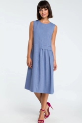 Lniana sukienka trapezowa na lato bez rękawów niebieska