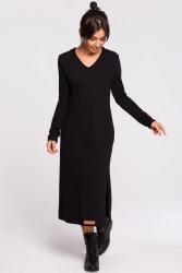 Długa sukienka dresowa kaptur i dekolt V bawełniana czarna