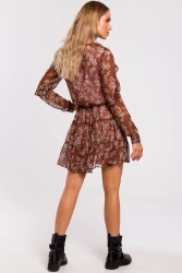 Sukienka BOHO w kwiaty szyfonowa z falbankami brązowa