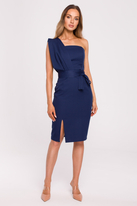 Sukienka koktajlowa na jedno ramię ołówkowa z rozcięciem granatowa