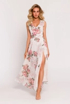 Długa sukienka szyfonowa w kwiaty z rozcięciem na nodze ecru