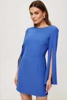 Elegancka ołówkowa sukienka mini rozcięte rękawy niebieska