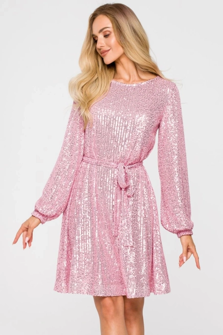 Sukienka cekinowa trapezowa z paskiem błyszcząca różowa