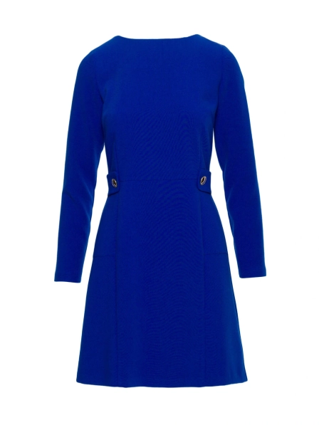 Elegancka sukienka trapezowa z patkami w talii chabrowa