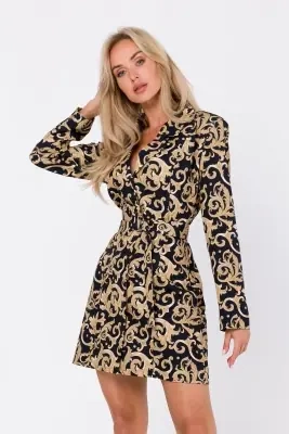 Żakietowa sukienka marynarka z paskiem i modnym nadrukiem