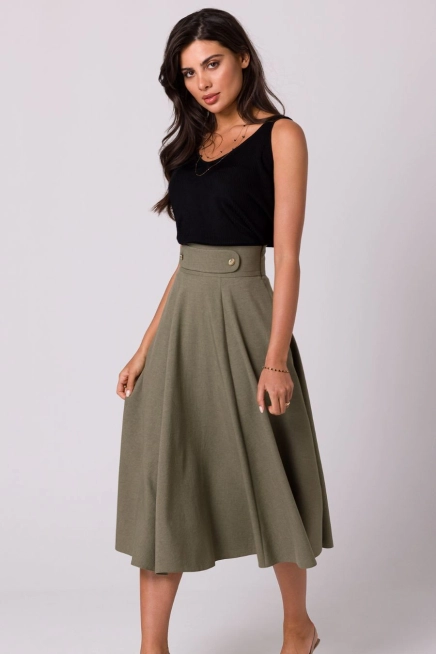 Rozkloszowana spódnica z wysokim stanem i kieszeniami khaki