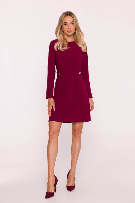 Elegancka sukienka trapezowa z patkami w talii bordowa