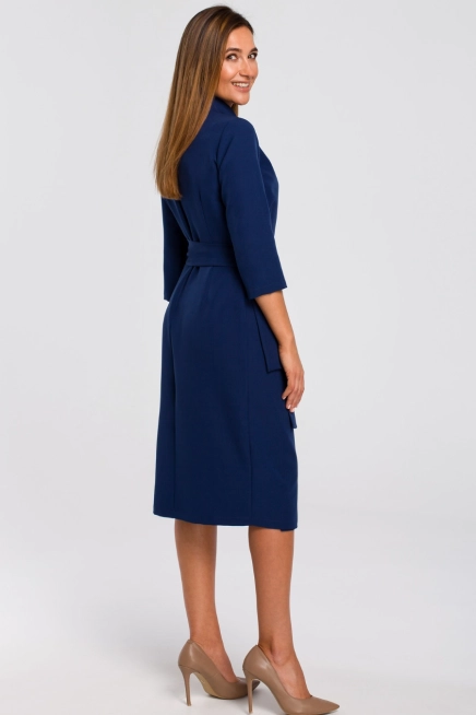 Elegancka sukienka biznesowa kopertowa midi z paskiem granat