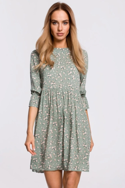 Sukienka boho rozkloszowana mini z wiskozy w kwiaty zielona