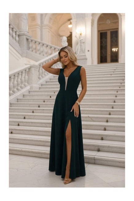 Długa sukienka wieczorowa rozkloszowana butelkowa zieleń