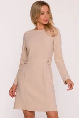 Elegancka sukienka trapezowa z patkami w talii beżowa