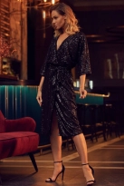 Sukienka cekinowa midi z wiązaniem kopertowy dekolt czarna