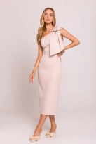 Elegancka sukienka ołówkowa na jedno ramię z kokardą j. beż