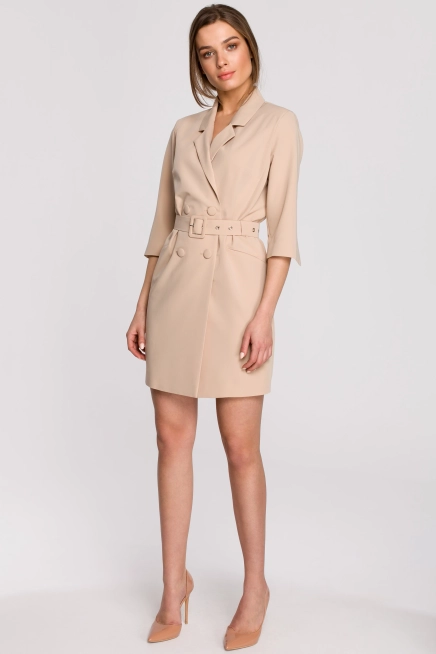 Elegancka sukienka marynarkowa z paskiem beżowa