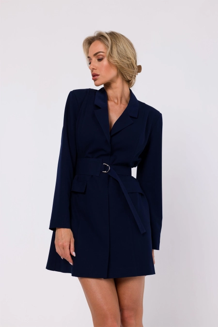 Sukienka żakietowa z kołnierzem i paskiem w talii granatowa