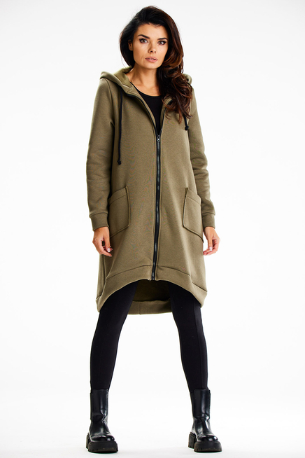Długa bluza damska z kapturem i kieszeniami khaki