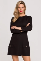 Sukienka trapezowa elegancka z bufiastymi rękawami krótka mini czarna