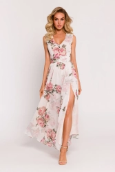 Długa sukienka szyfonowa w kwiaty z rozcięciem na nodze ecru