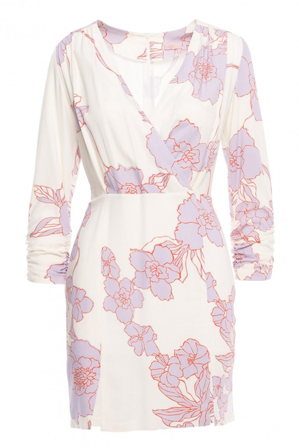 Ołówkowa sukienka mini w kwiaty z kopertową górą ecru kremowa