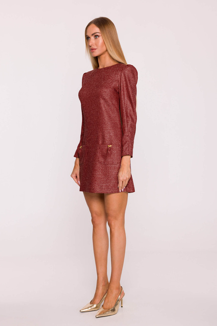 Elegancka sukienka tweedowa trapezowa mini bordowa