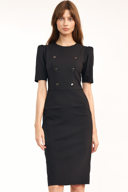 Elegancka sukienka ołówkowa z guzikami dopasowana midi czarna