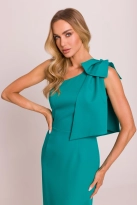 Elegancka sukienka ołówkowa na jedno ramię z kokardą turkus
