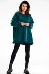 Bluza damska oversize długa z kieszenią kangurka zielona