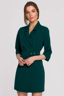 Elegancka sukienka marynarkowa z paskiem zielona