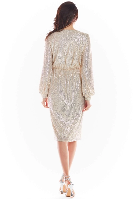 Sukienka wieczorowa cekinowa z dekoltem V szampańska