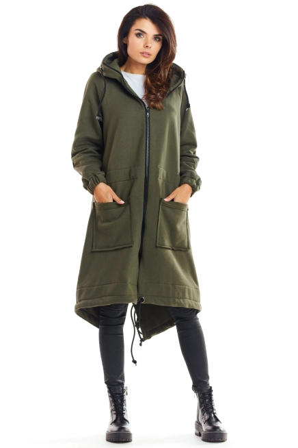 Ciepła długa bluza damska jak parka bawełna premium khaki
