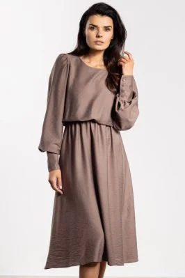 Elegancka sukienka rozkloszowana z długim rękawem taupe