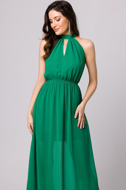 Długa sukienka szyfonowa z dekoltem halter zielona