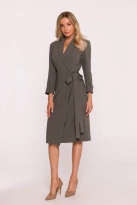 Elegancka sukienka ołówkowa kopertowa z wiązaniem khaki