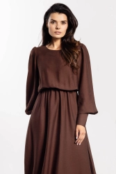 Elegancka sukienka rozkloszowana z bufiastym rękawem brązowa