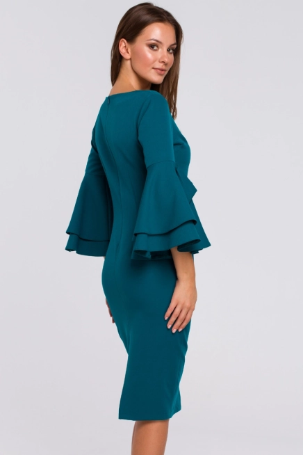 Sukienka na wesele elegancka z bufiastymi rękawami morski