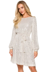 Sukienka cekinowa trapezowa z paskiem błyszcząca szampańska