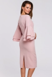 Sukienka na wesele elegancka z bufiastymi rękawami pudrowa