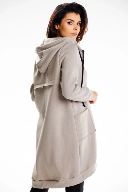 Długa bluza damska z kapturem i kieszeniami szary