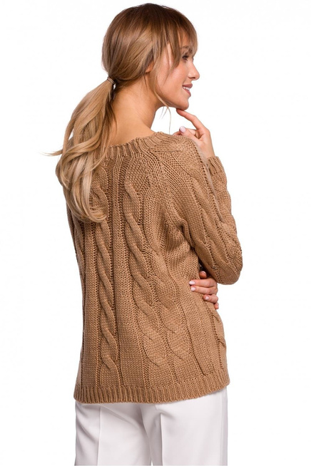 Sweter damski ze splotem typu warkocz beżowy
