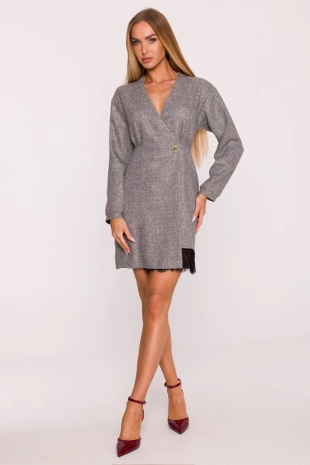 Elegancka sukienka tweedowa trapezowa kopertowa szara