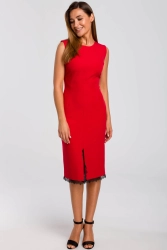 Elegancka sukienka ołówkowa z rozcięciem i koronką czerwona