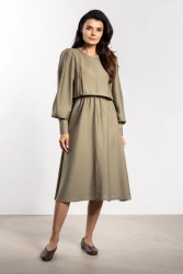 Elegancka sukienka rozkloszowana z bufiastym rękawem zielona