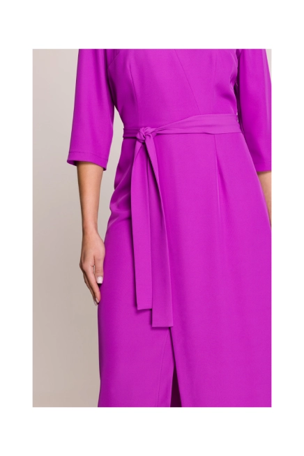 Elegancka sukienka midi z dekoltem V i rozcięciem fuksja