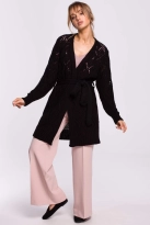 Długi kardigan ażurowy sweter z paskiem czarny