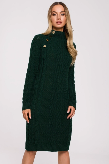 Sukienka sweterkowa z golfem i guzikami zielona