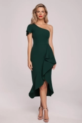 Wieczorowa sukienka na jedno ramię z falbaną zielona