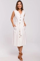 Sukienka koszulowa na lato szmizjerka midi z paskiem i guzikami ecru