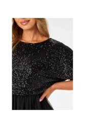 Koktajlowa sukienka rozkloszowana z cekinami i tiulem czarna
